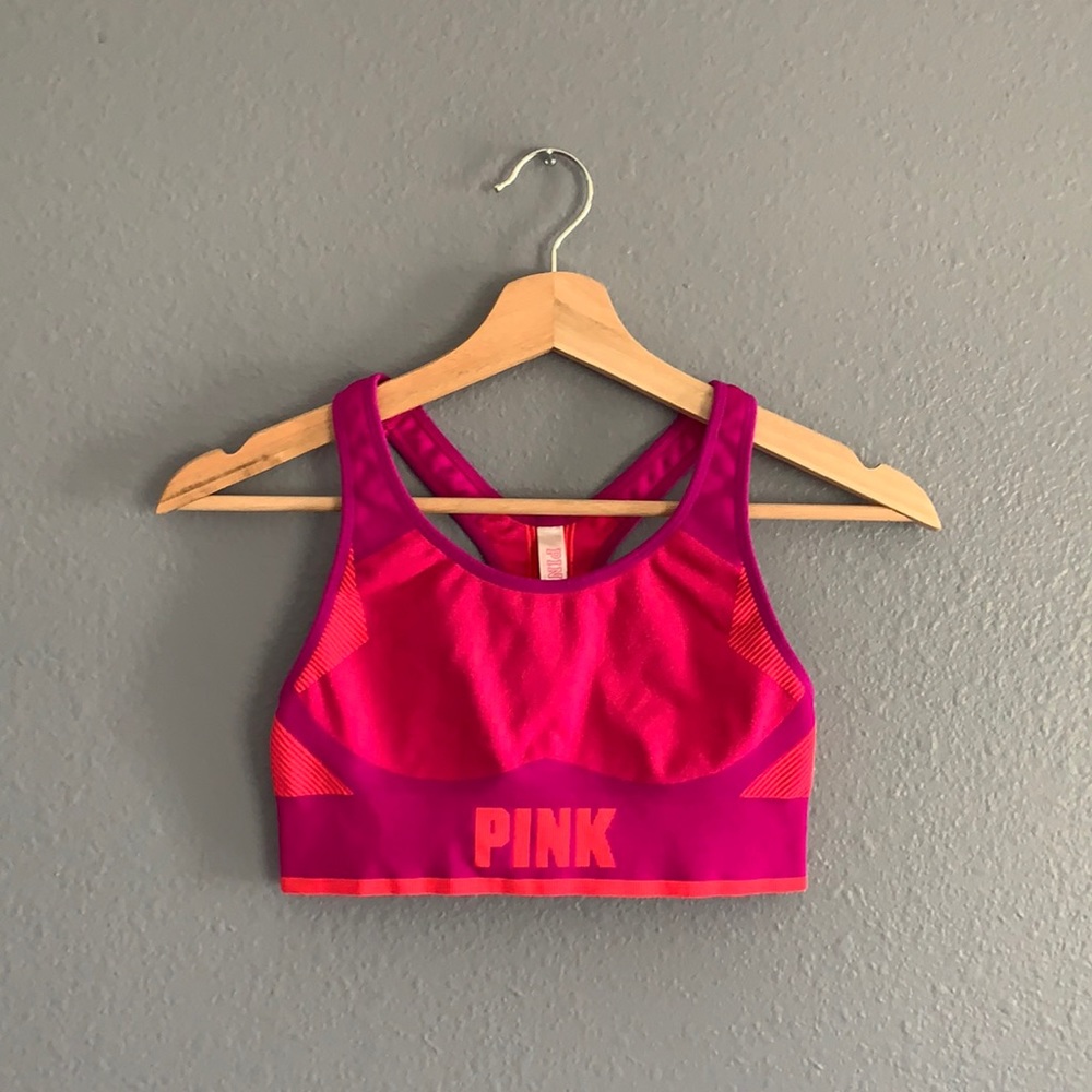 PINK | Hot Pink + Orange Lightly Lined Sports Bra Women’s Sz S
